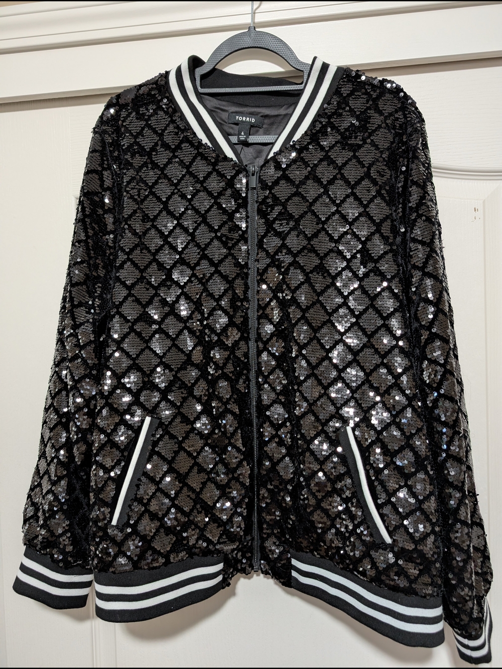 torrid Black Sequin Diamond-Pattern Bomber Jacket